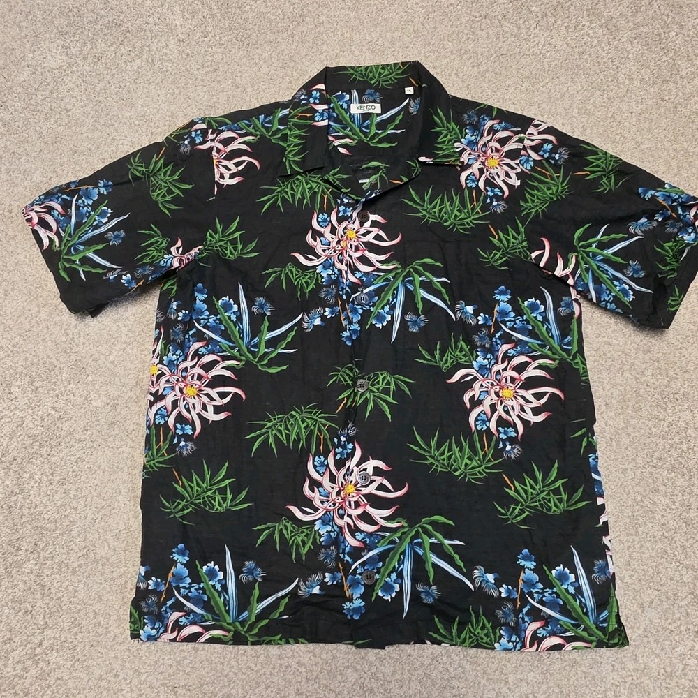 KENZO Paris Mens M Black Floral Hawaiian Camp Shirt Short Sleeve Button Up
